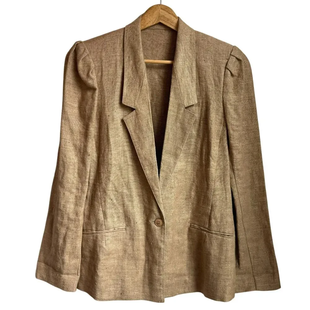 Vintage Linen Blazer Puff Shoulder Union Made USA Womens Size 4
